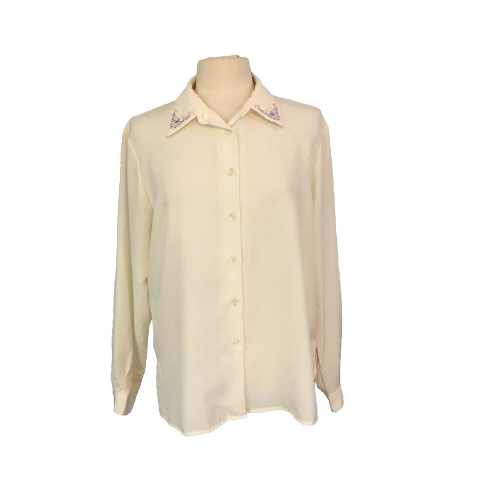 Cricket Lane Vintage Womens Ivory Blouse, Floral Embroidery Collar 14, 42 Bust